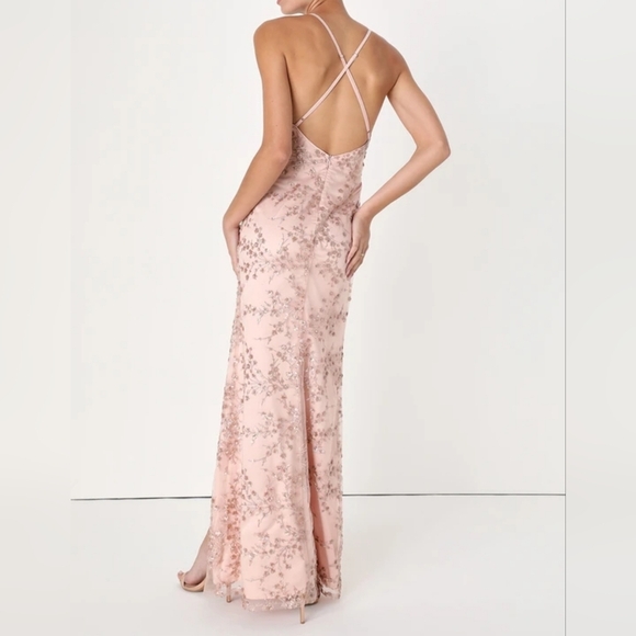 Lulus Blissful Blossoms Blush Pink Mesh Sequin Embroidery Backless Maxi Dress XL - Picture 4 of 13
